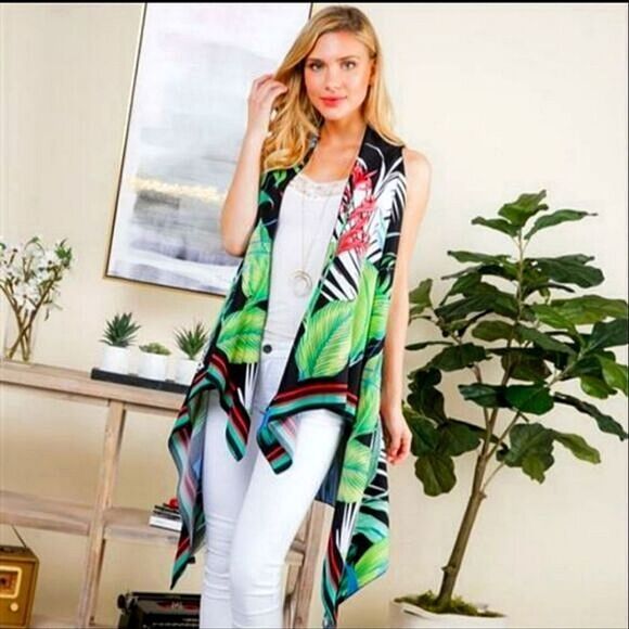 43. Tropical Print Sleeveless Kimono Swimsuit Cover Up - Picture 1 of 9